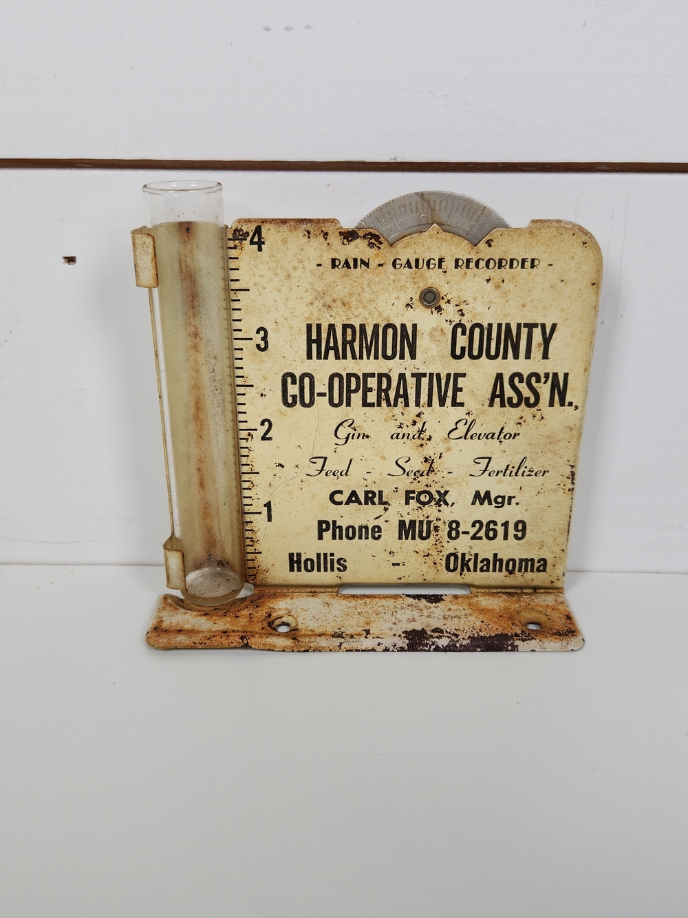 Vintage Rain Gauge Advertisement | Harmon County Co-Op Feed & Seed | Rustic